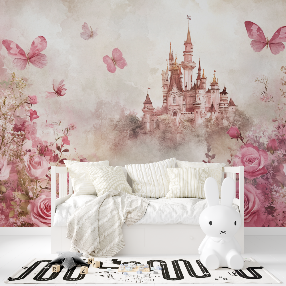 Papier peint princesse chateau et fleurs tapisserie fille