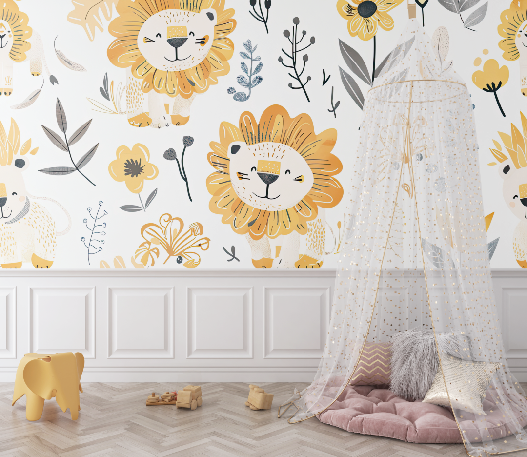 Papier peint lion et plumes bohemes bebe