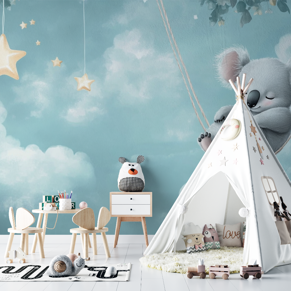 Papier peint koala pose sur une etoile filante chambre bebe