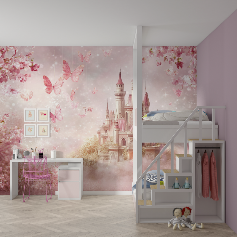 Papier peint princesse ciel fle... chateau mur chambre fille