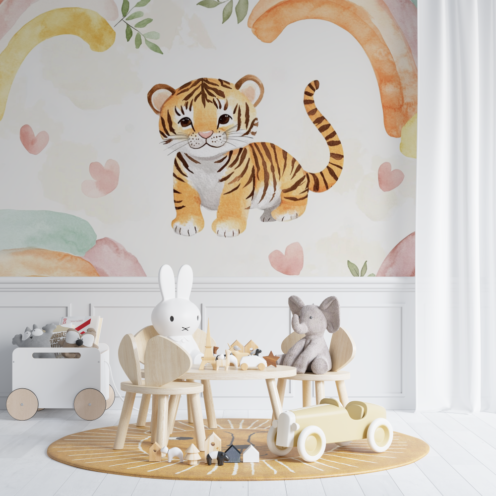 Papier peint tigre et arcs en ciel pastel chambre de bebe