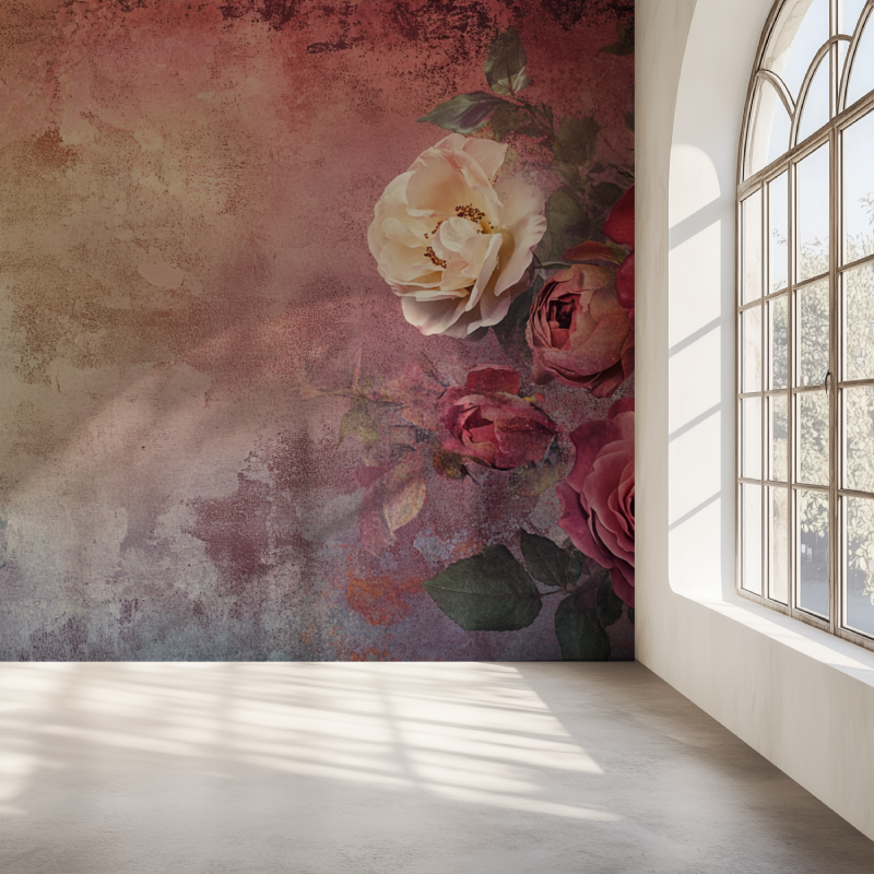 Papier peint vintage grosse fleurs mur simple