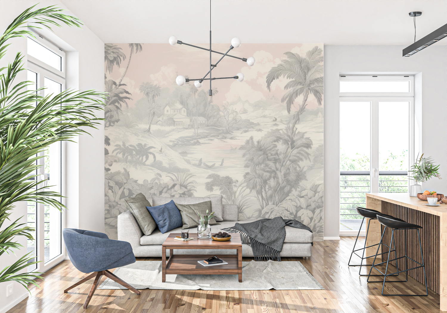Papier Peint Toile De Jouy Rose Beige - tapisserie