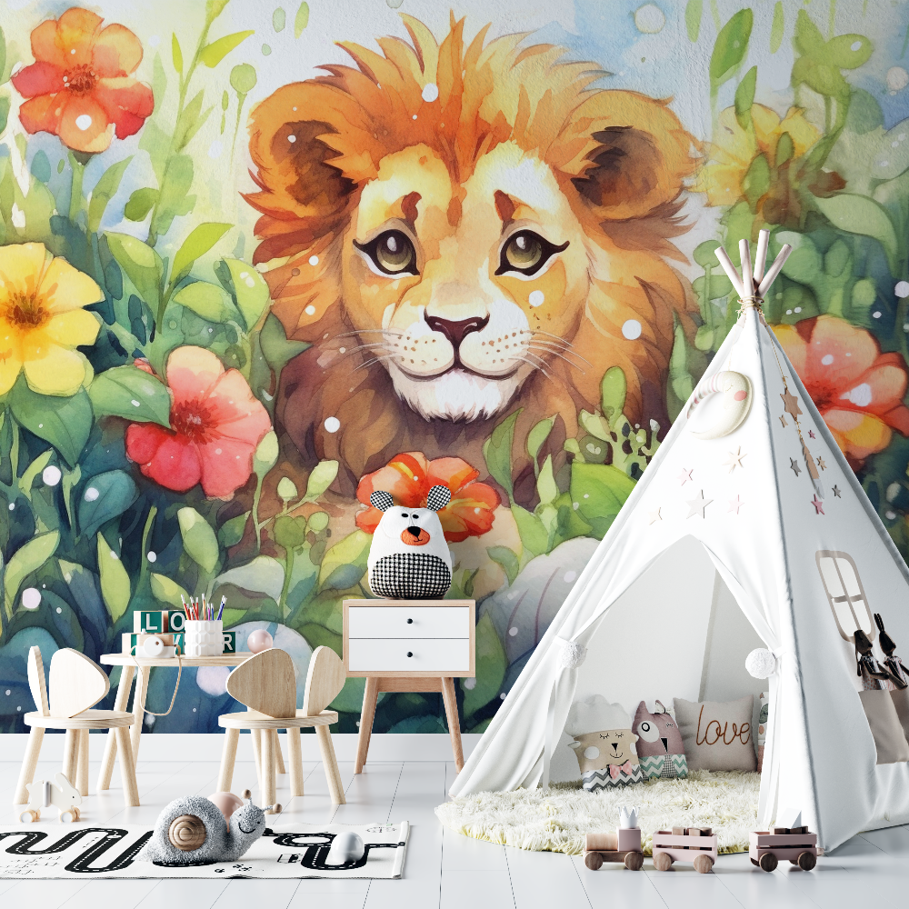Papier peint lion et feuillage aquarelle chambre bebe