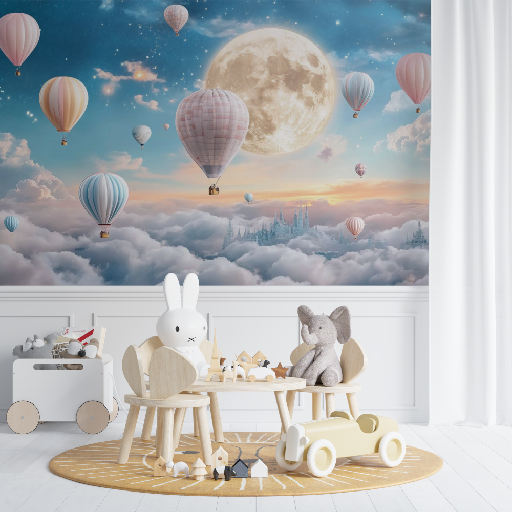 Papier peint montgolfiere et lune lumineuse chambre de bebe