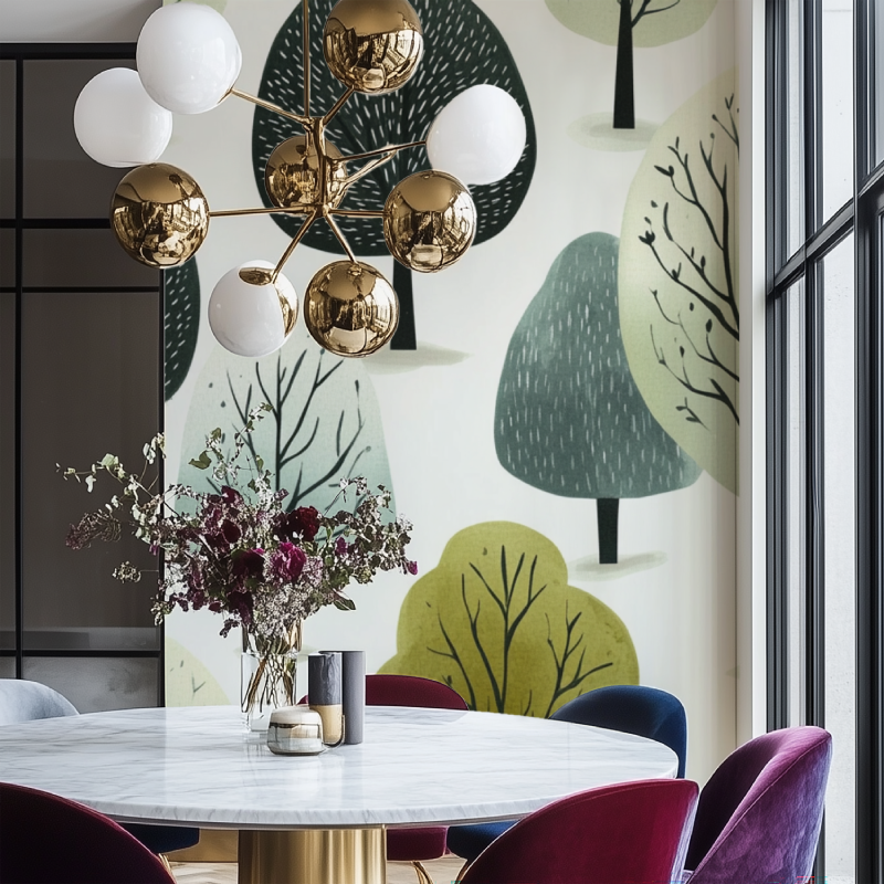 Papier peint arbre stylises salon chaise