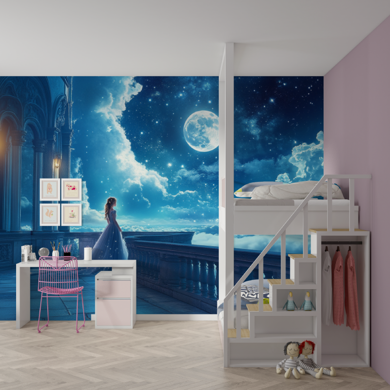 Papier peint princesse nuit magique mur chambre fille