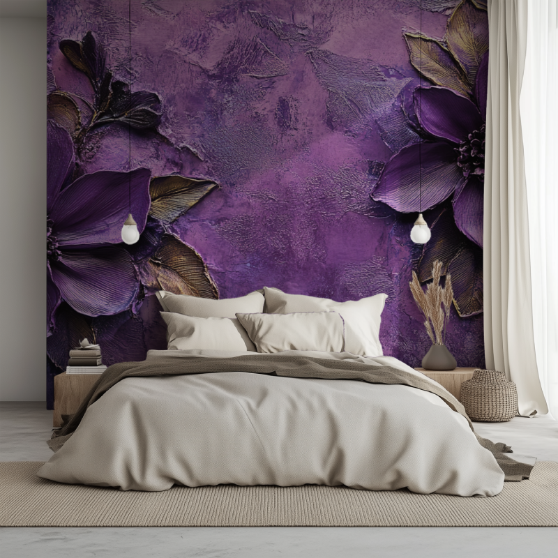 Papier peint fleur mauve velour lit 1234