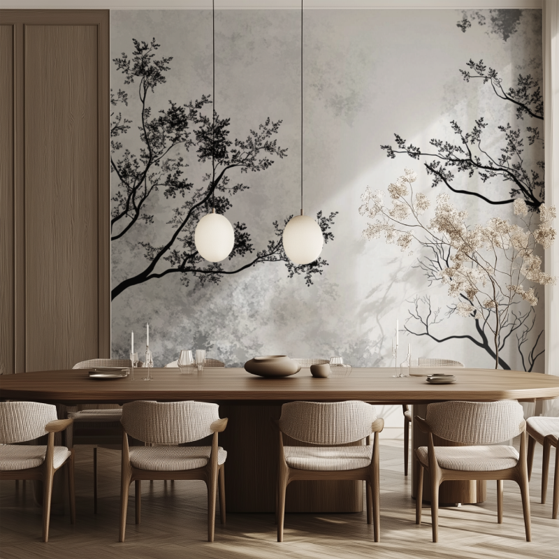 Papier peint arbre noir et blan...loir salle manger tendance