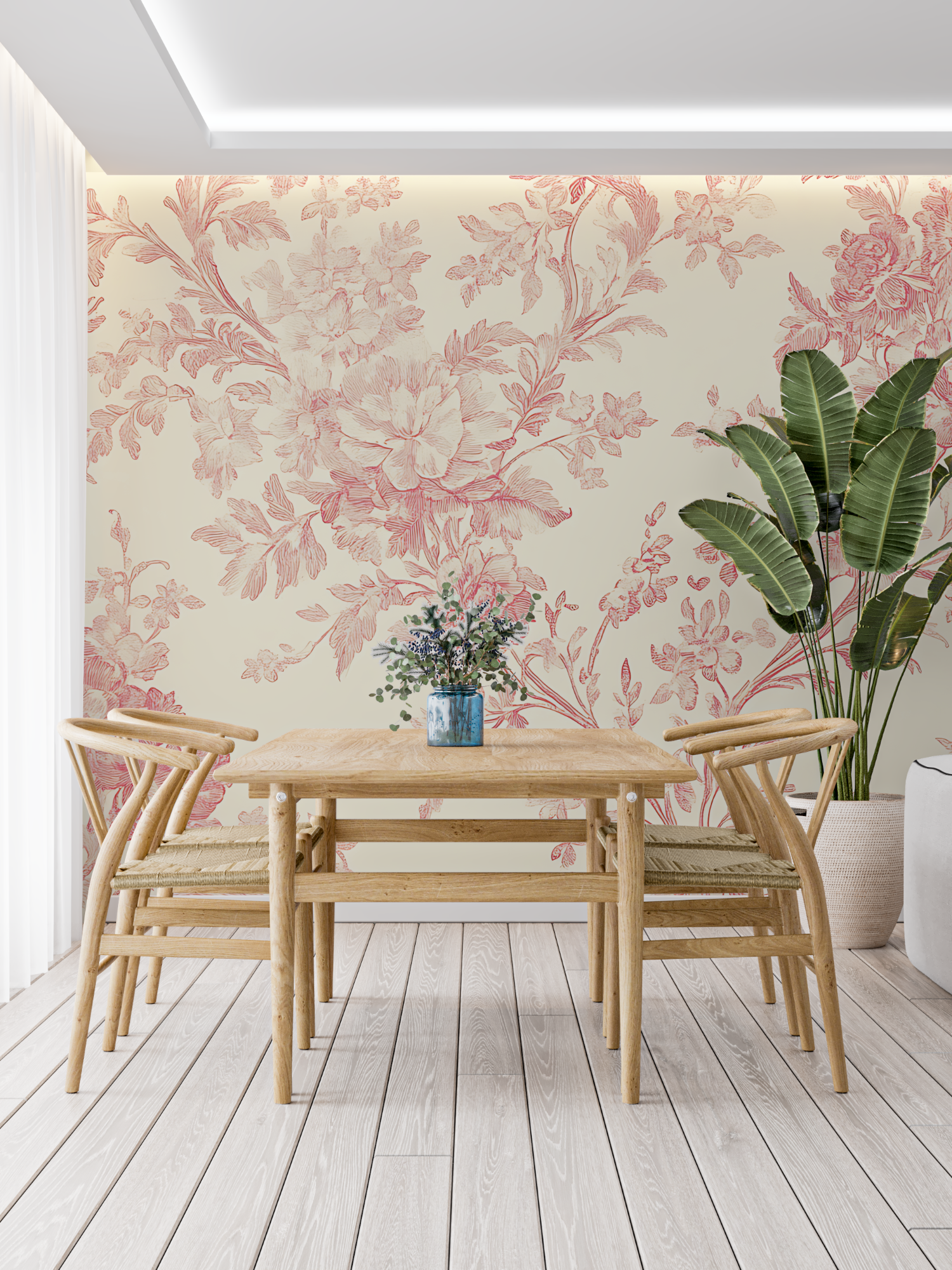 Papier Peint Imitation Toile De Jouy Rose - tapisserie