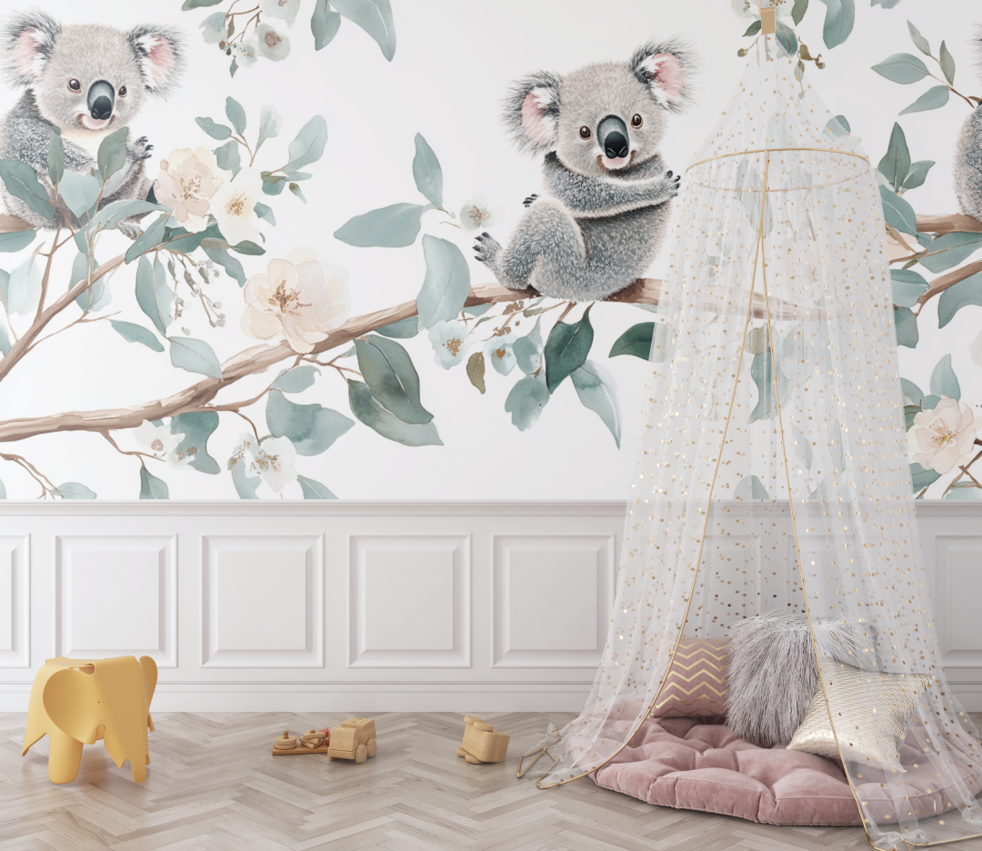 Papier peint koala dans un univers tout doux bebe