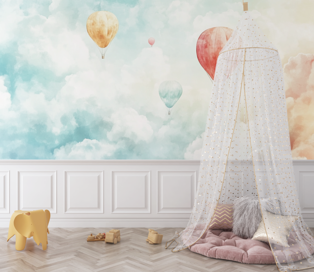 Papier peint montgolfiere et nuages en coton bebe