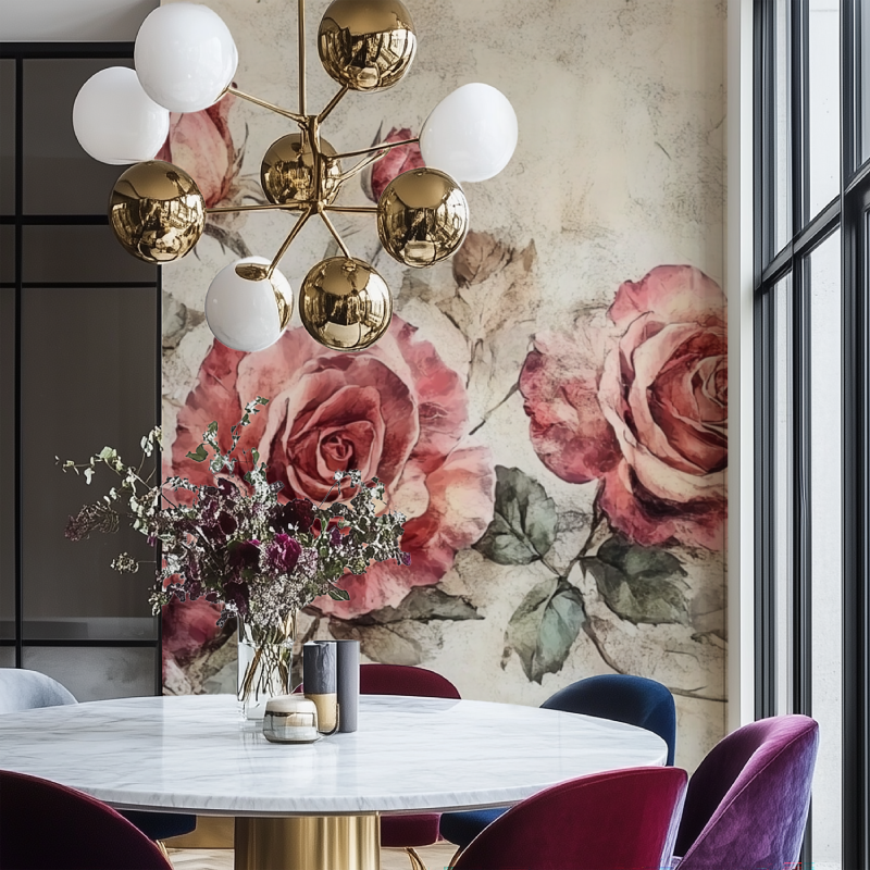 Papier peint fleur vintage rose salon chaise