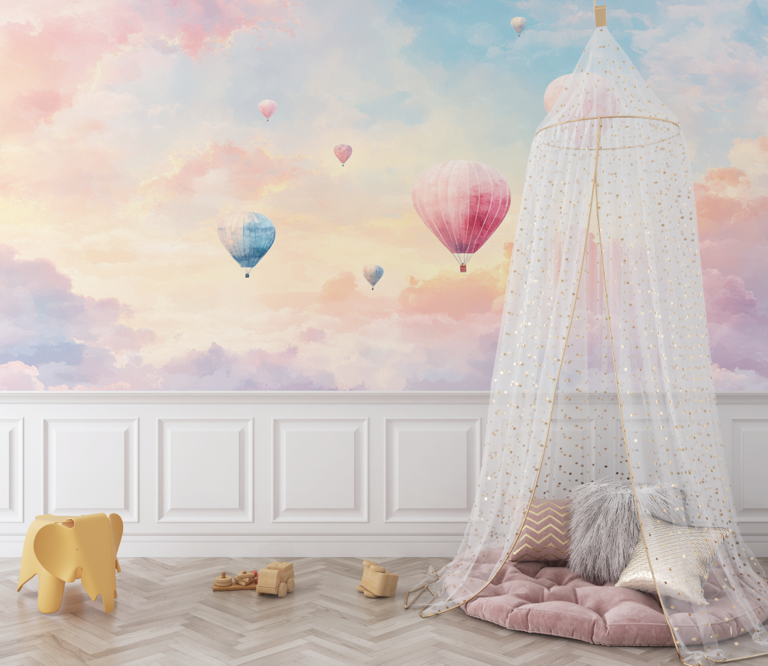 Papier peint montgolfiere et ciel au lever du soleil bebe