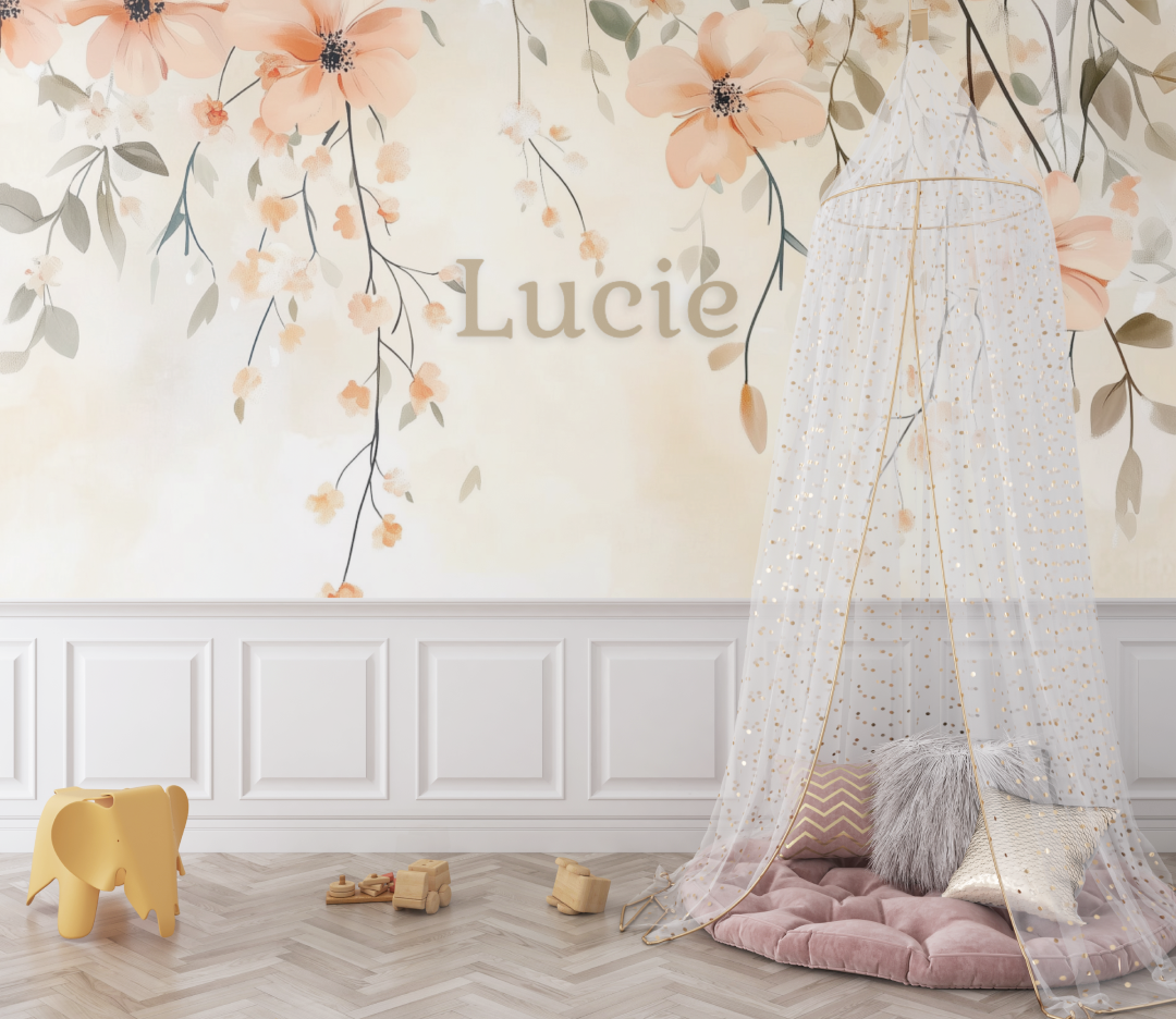 Papier peint prenom feuillages rose bebe