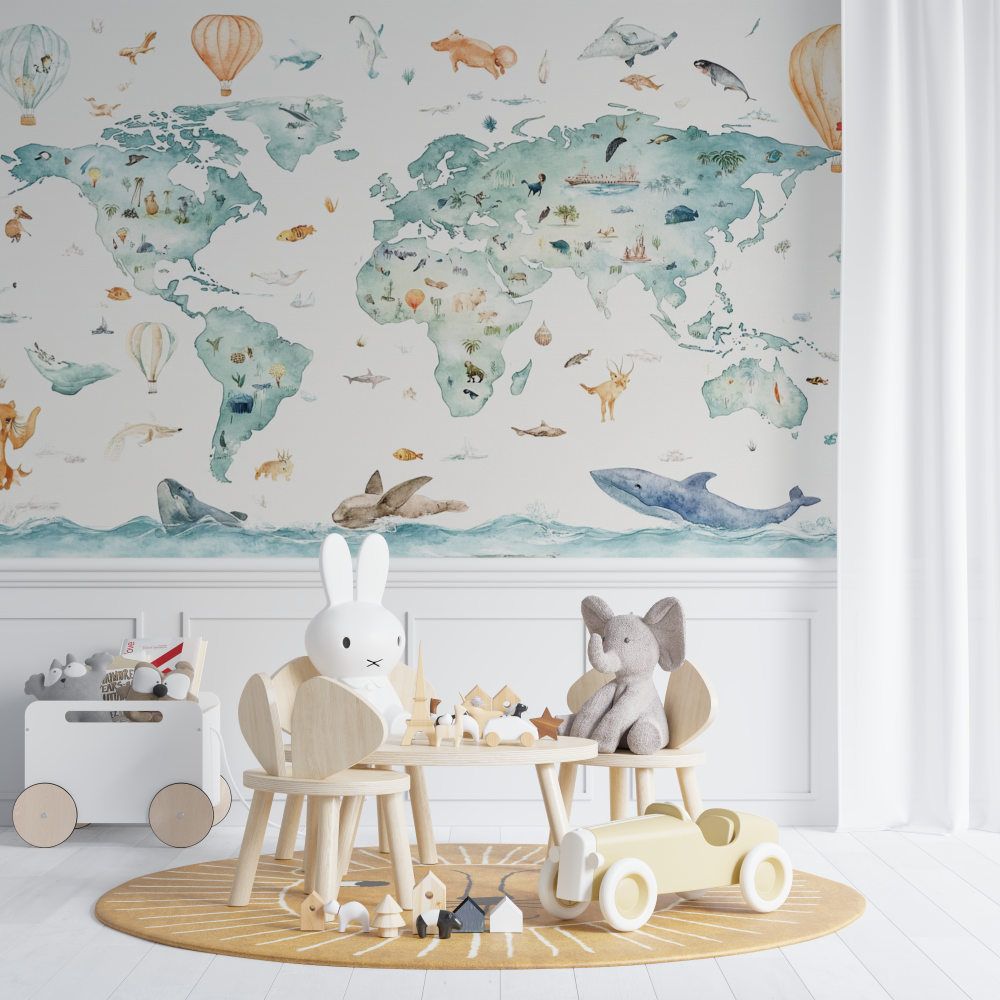 Papier peint carte du monde animaux chambre de bebe