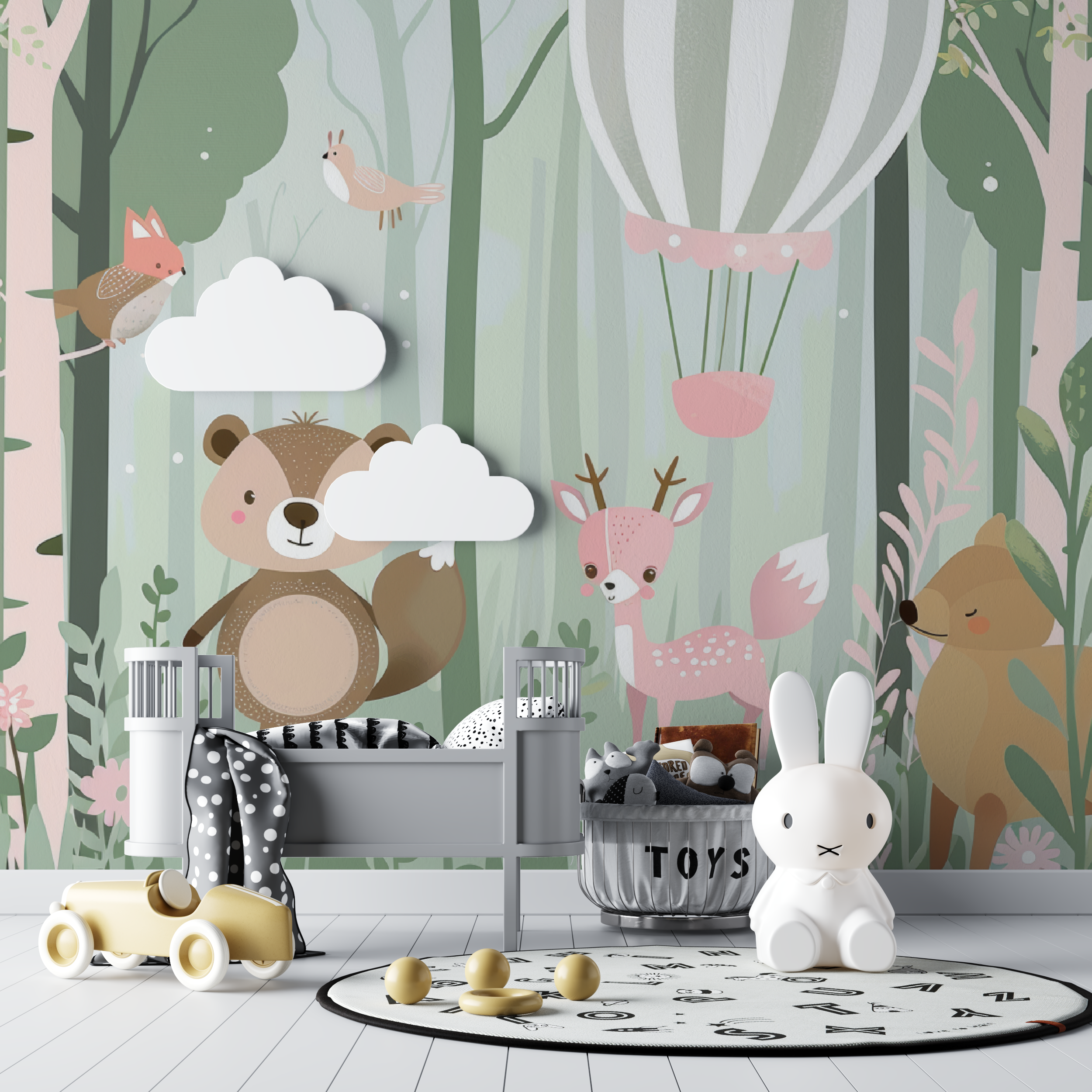 Papier peint bébé Amis de la forêt vert - chambre de bebe