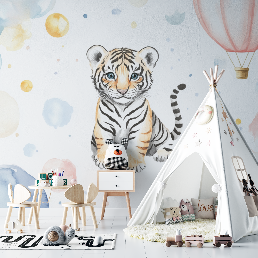 Papier peint tigre et montgolfiere chambre bebe