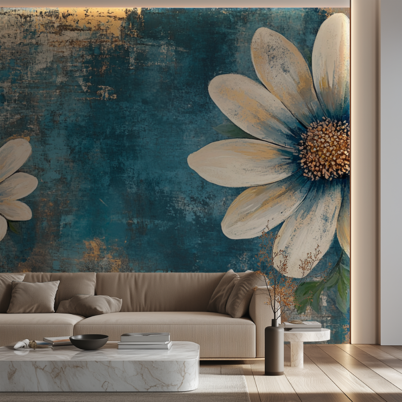 Papier peint fleur vintage bleu hippy canape neon