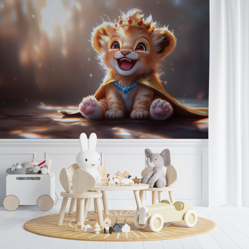 Papier peint lion et couronne de fleurs chambre de bebe