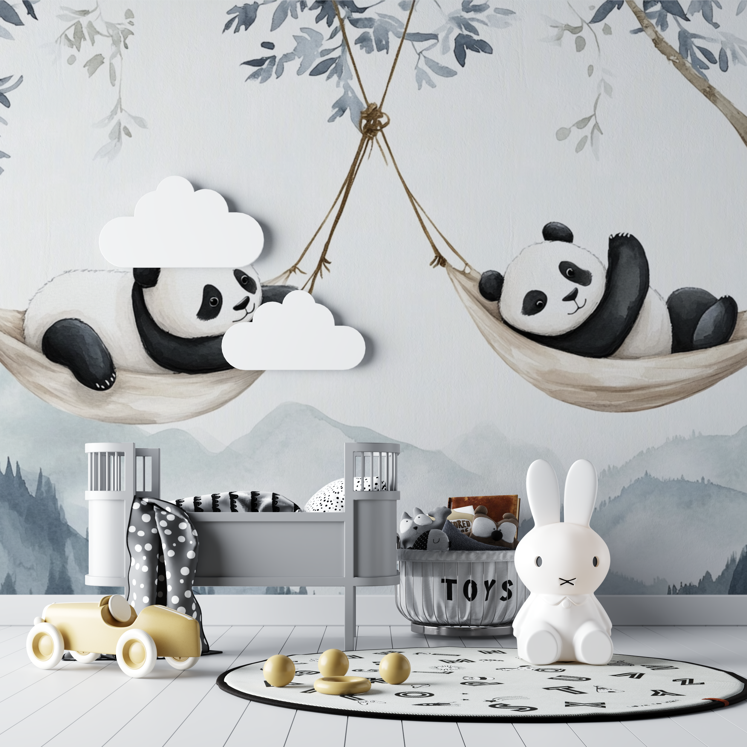 Papier peint panoramique panda bleu et hamac bebe tipi