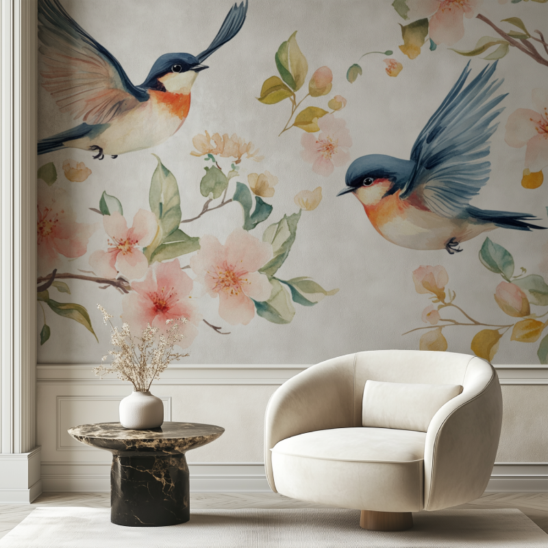 Papier peint fleur et oiseau chambre chaise tendance