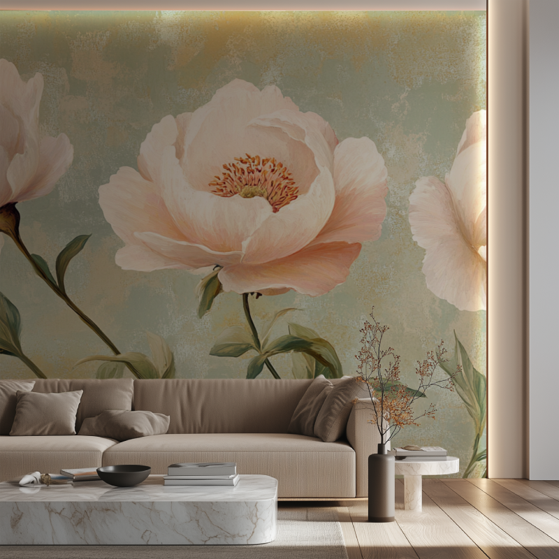 Papier peint fleuri vintage camelia canape neon