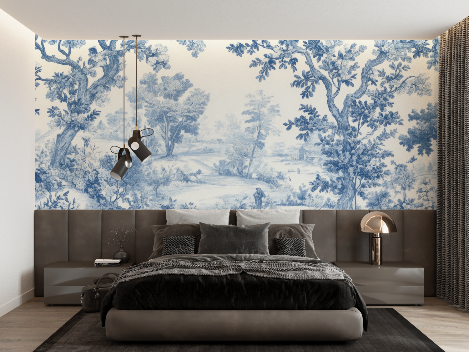 Papier Peint Toile De Jouy Foret Bleu - panoramique-mur