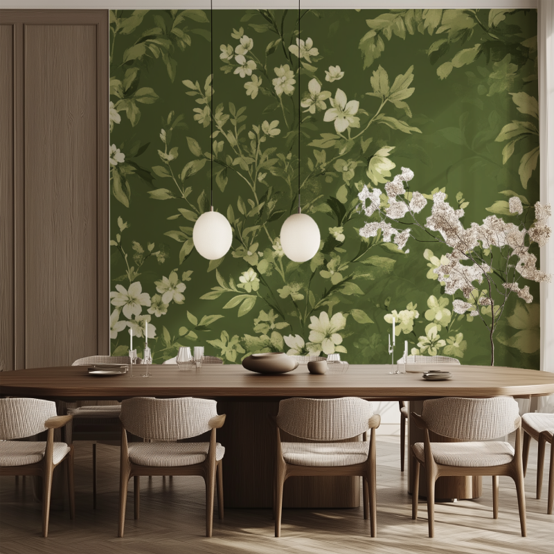 Papier peint vintage floral vert salle manger tendance