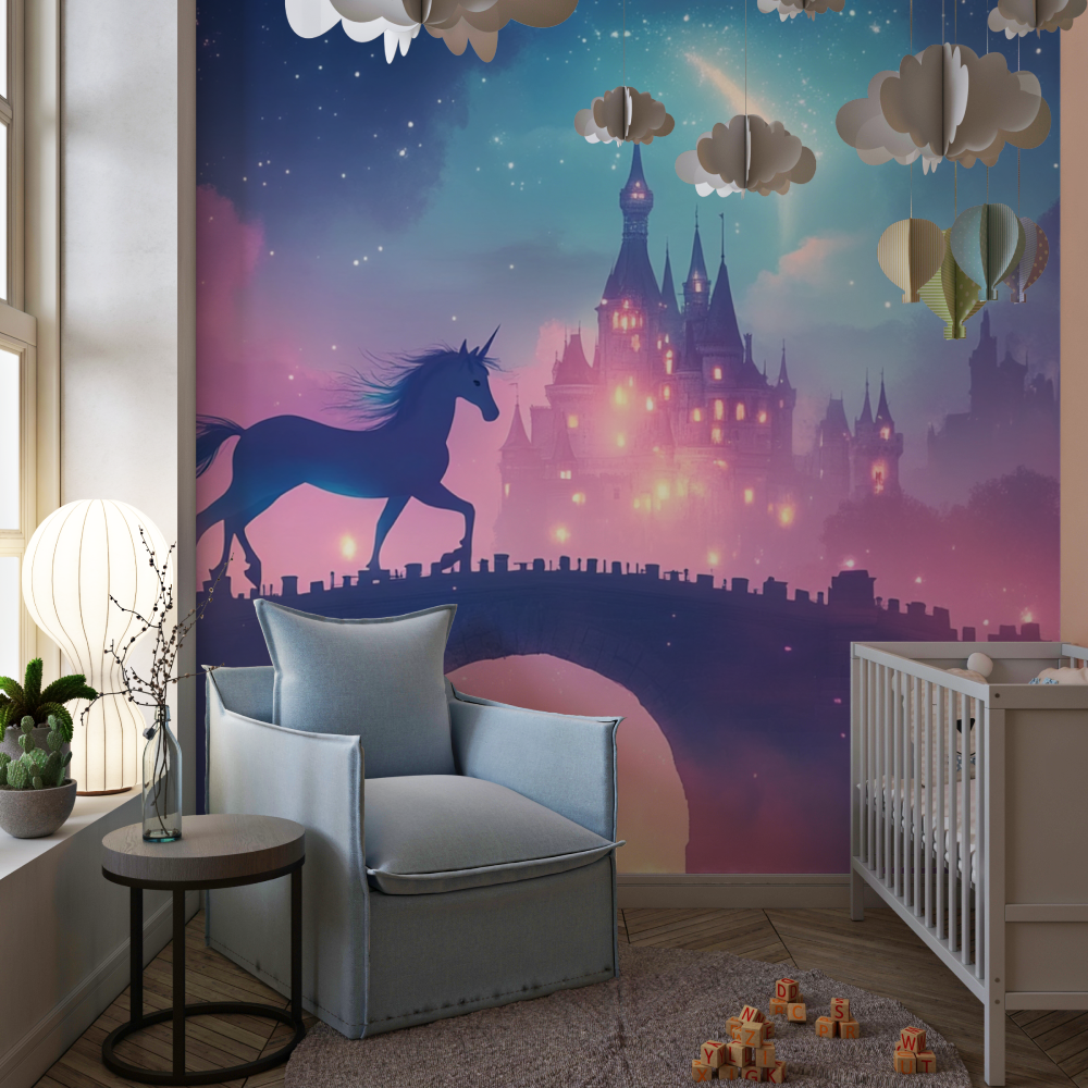 Papier peint licorne arc et chateau chambre de fille