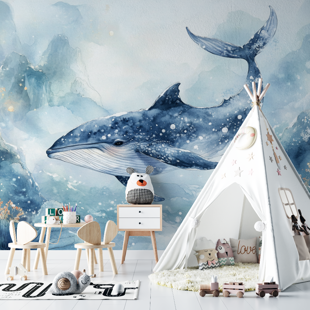 Papier peint baleine aquarelle chambre bebe