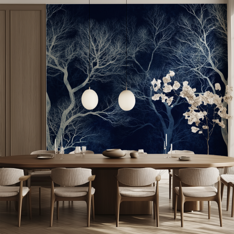 Papier peint arbre blanc nocturne salle manger tendance