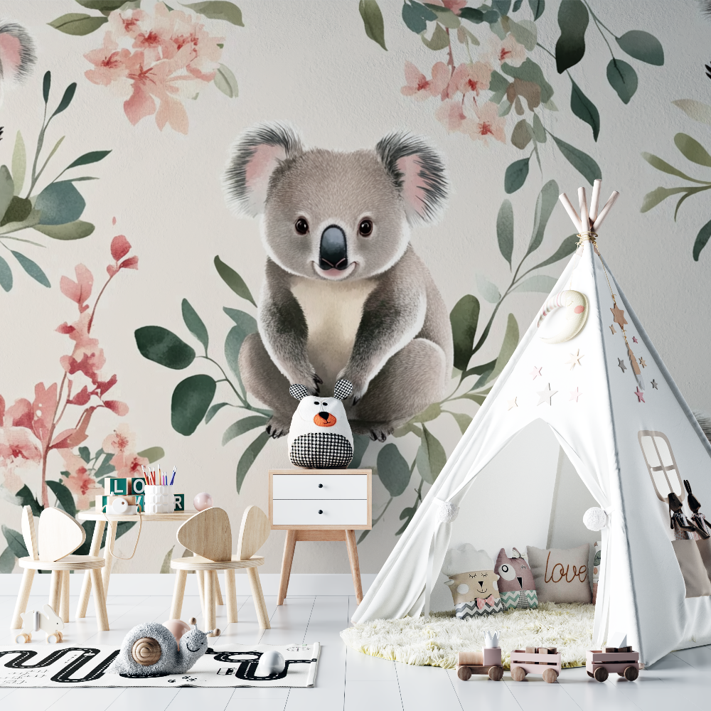 Papier peint koala et ruban de soie chambre bebe