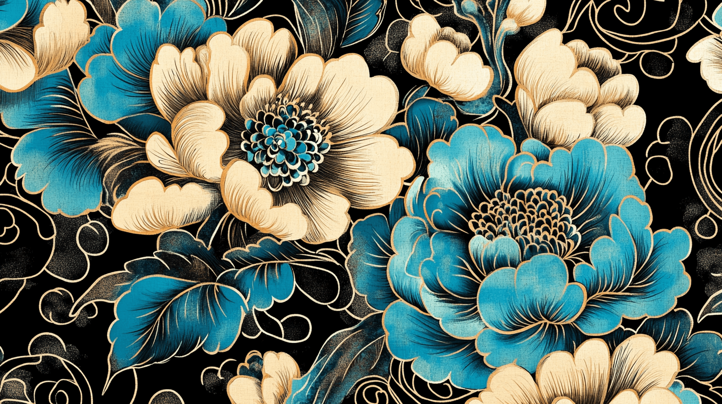 Papier Peint Fleur Chinoises Noir Et Beige Et Turquoise