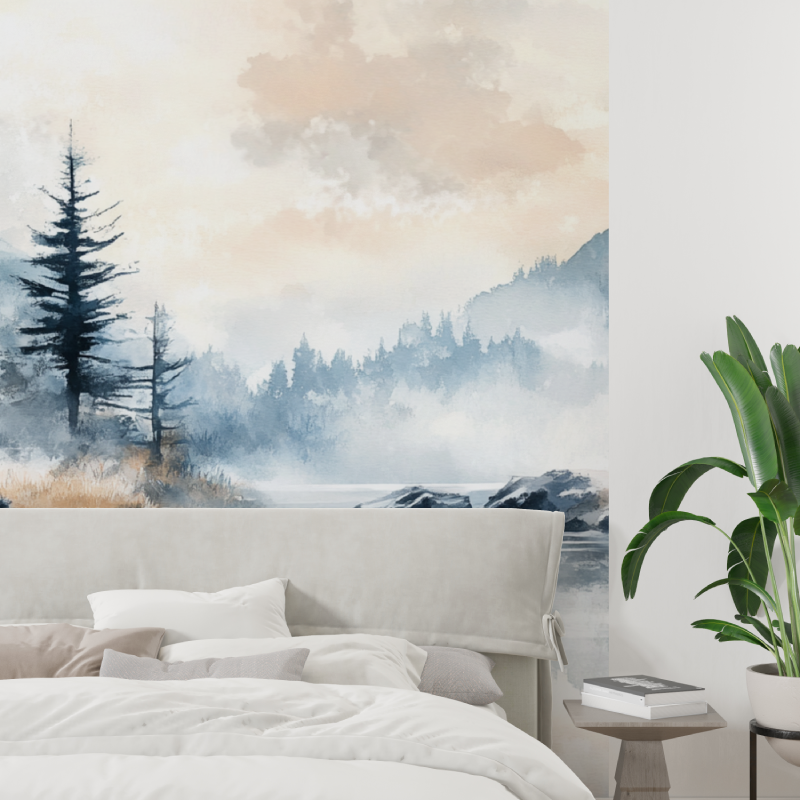 Papier peint aquarelle paysage hivernal tapisserie tendance