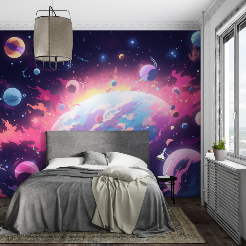 Papier peint murale espace nebuleuse et planetes piece ados