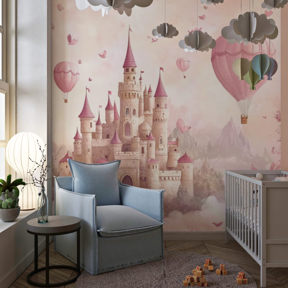 Papier peint chateau rose tapisserie chambre de fille