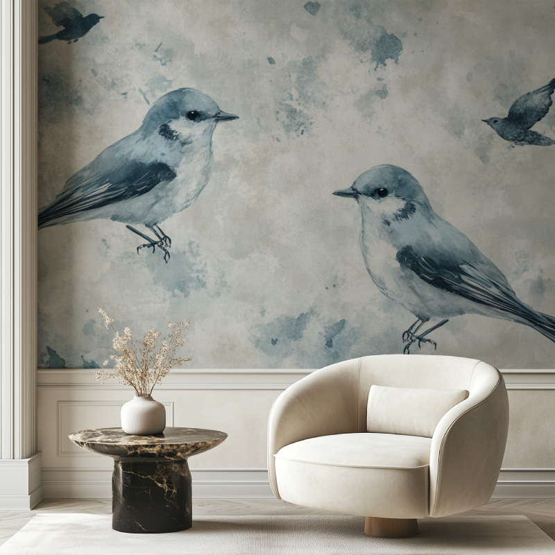 Papier peint vintage oiseaux chaise tendance
