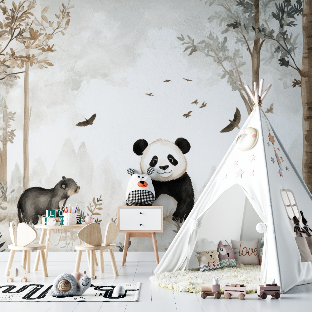 Papier peint panda et amis de la foret chambre bebe