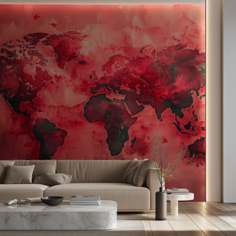 Papier peint carte du monde rouge canape neon