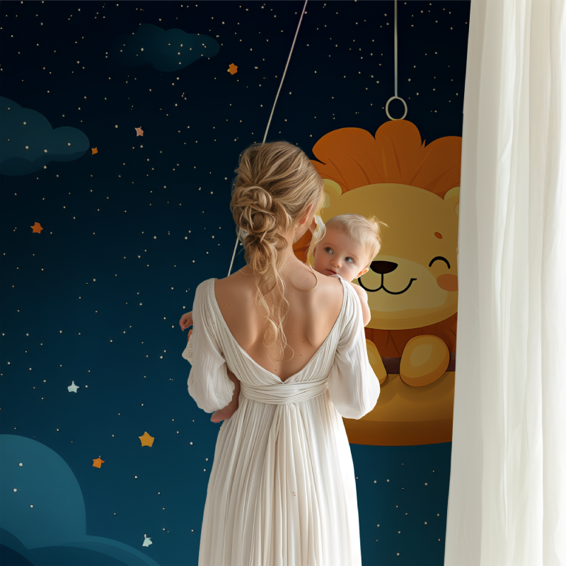 Papier peint lion et etoiles dorees bb123