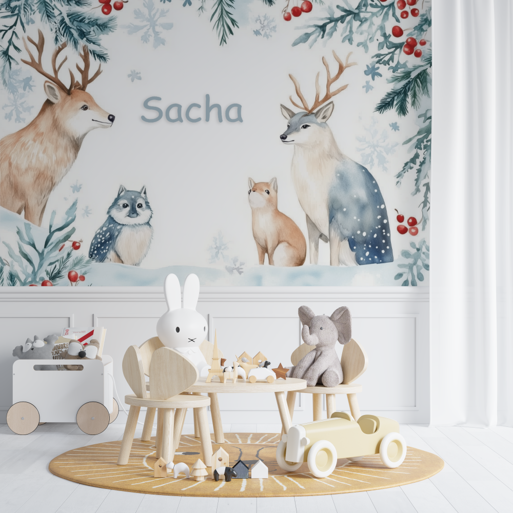 Papier peint prenom bois hivernal chambre de bebe