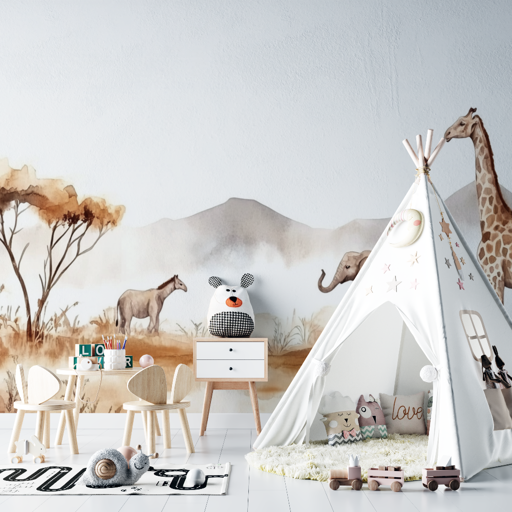 Papier peint animaux savane douce chambre bebe