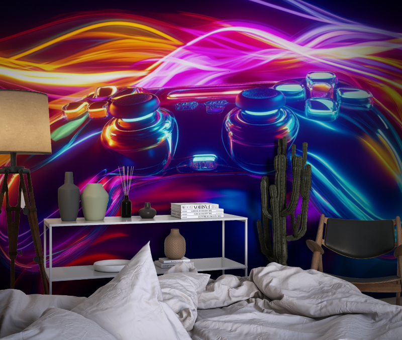 Papier peint explosion de jeux neon chambre dado1