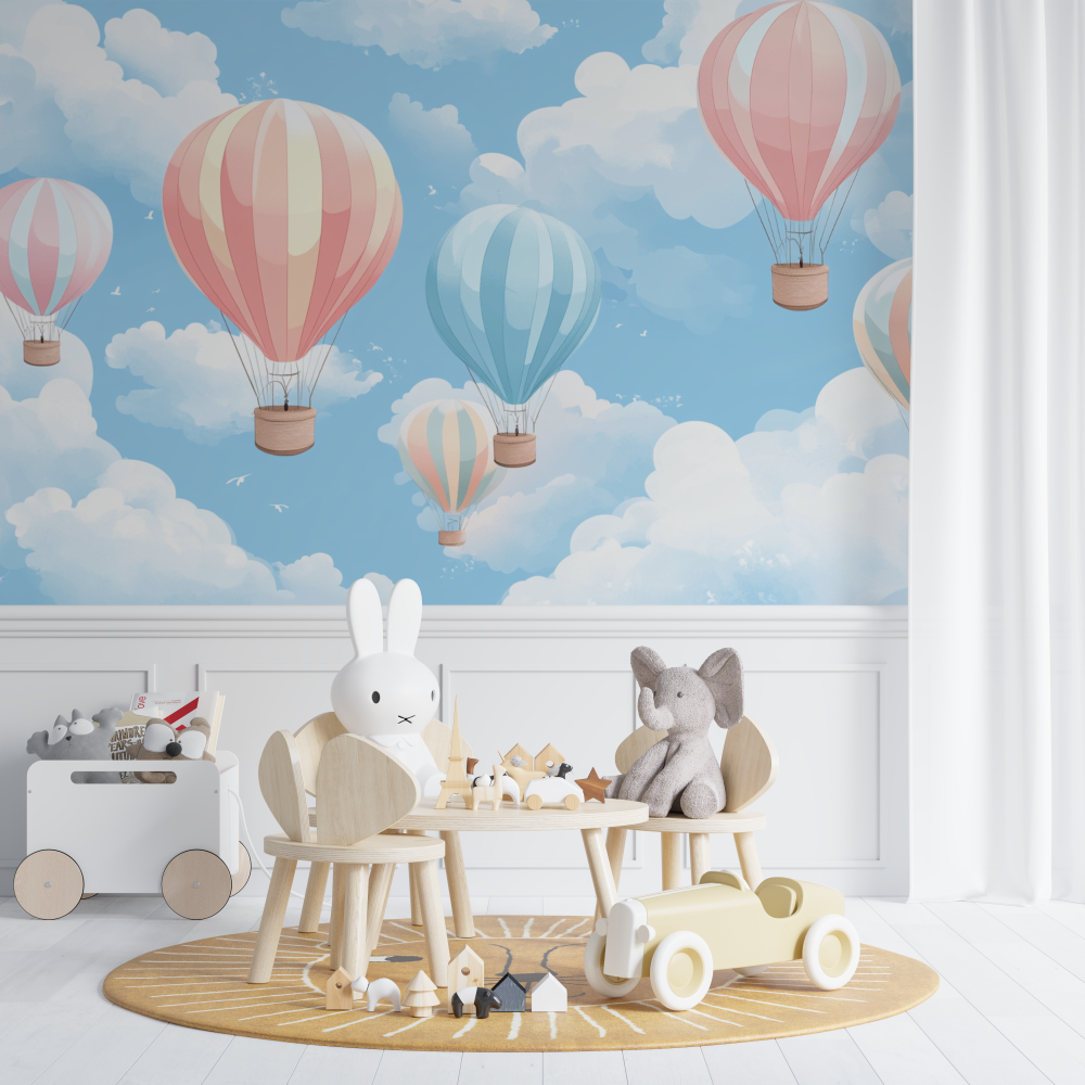 Papier peint montgolfiere et ci...ose tendre chambre de bebe