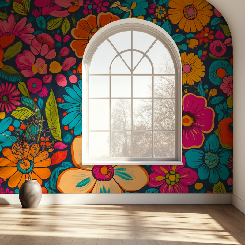 Papier peint fleur vintage hippi fenetre papier