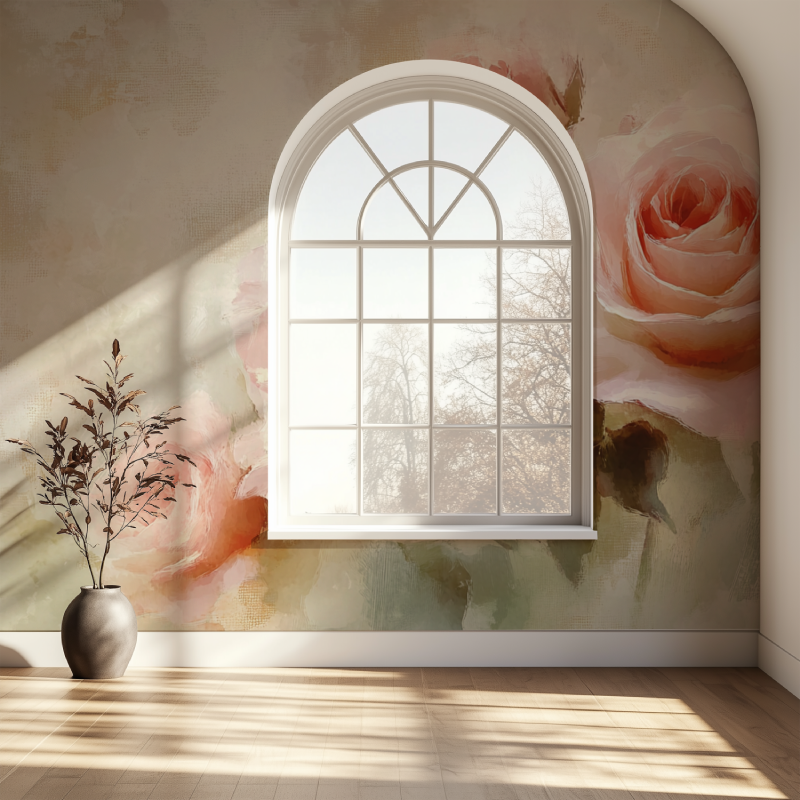 Papier peint fleur vintage rose fenetre papier