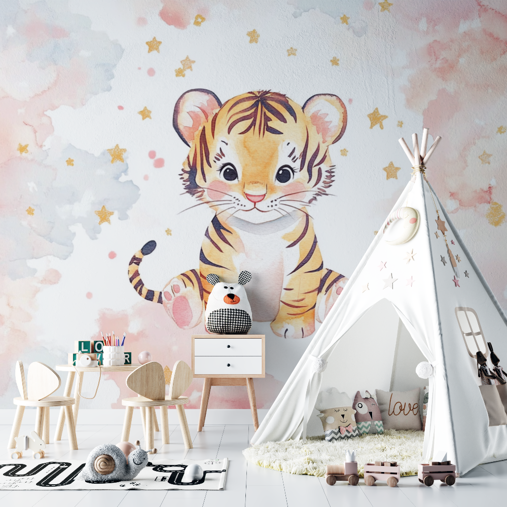 Papier peint tigre et etoiles filantes chambre bebe