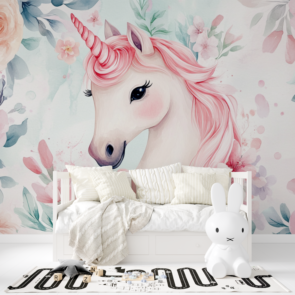 Papier peint licorne pas cher fleuri tapisserie fille