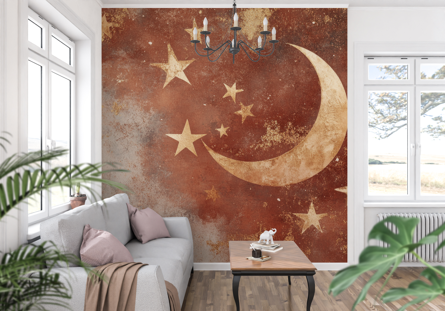 Papier peint terracotta avec mo...et etoiles panoramique mur